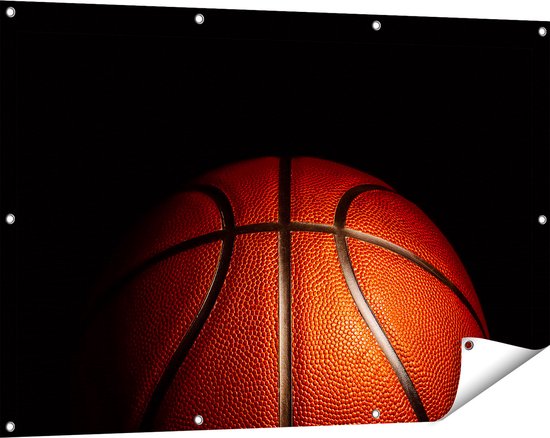 Gards Tuinposter Basketbal op een Zwarte Achtergrond - 120x80 cm - Tuindoek - Tuindecoratie - Wanddecoratie buiten - Tuinschilderij
