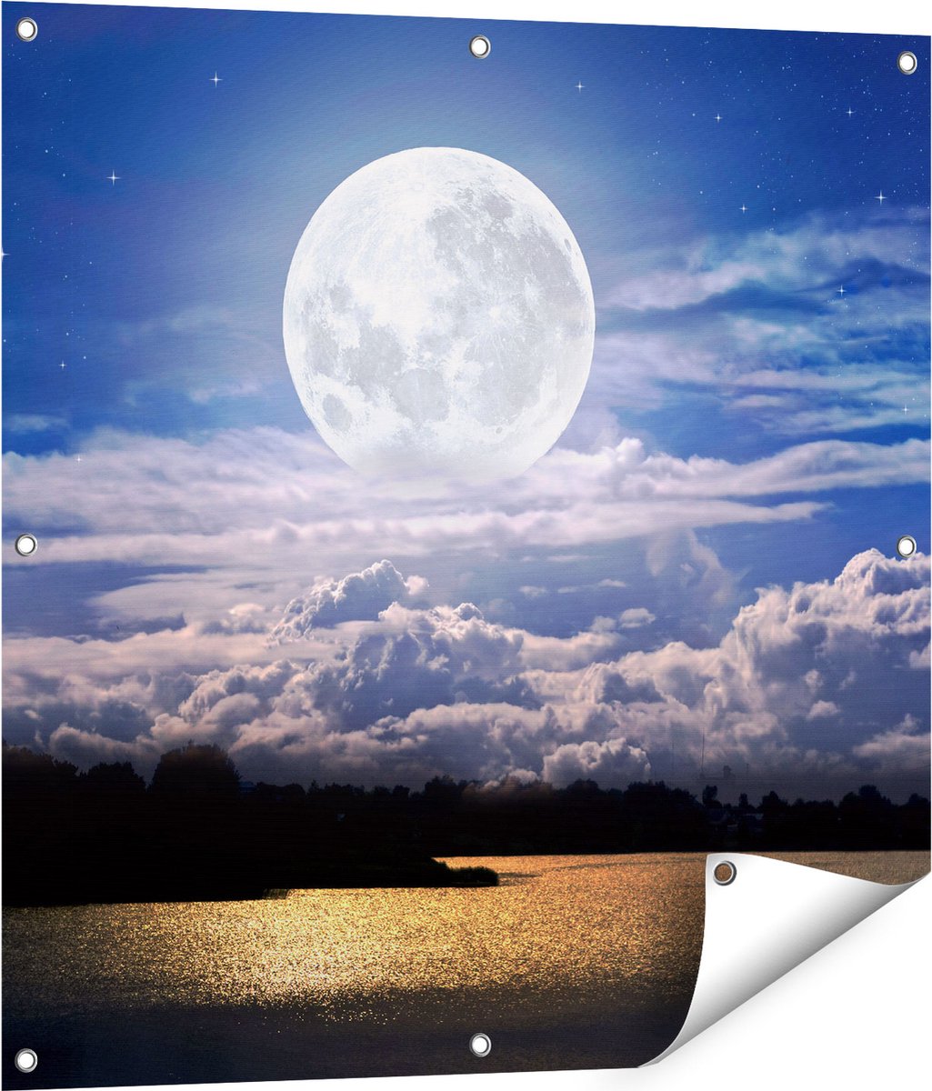 Gards Tuinposter Volle Maan bij het Water - 80x80 cm - Tuindoek - Tuindecoratie - Wanddecoratie buiten - Tuinschilderij Multikleur