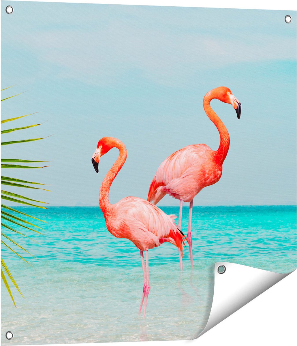 Gards Tuinposter Twee Flamingo's in het Water - 70x70 cm - Tuindoek - Tuindecoratie - Wanddecoratie buiten - Tuinschilderij Multikleur