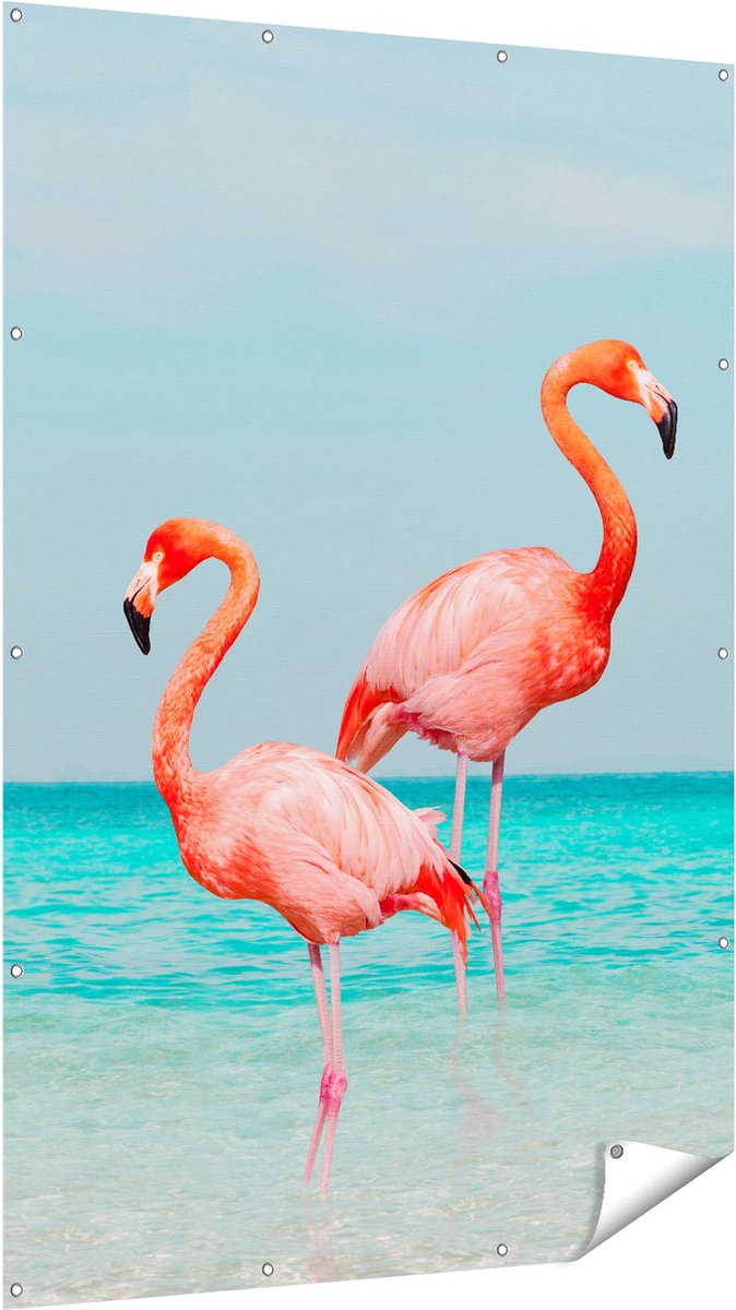 Gards Tuinposter Twee Flamingo's in het Water - 120x180 cm - Tuindoek - Tuindecoratie - Wanddecoratie buiten - Tuinschilderij Multikleur