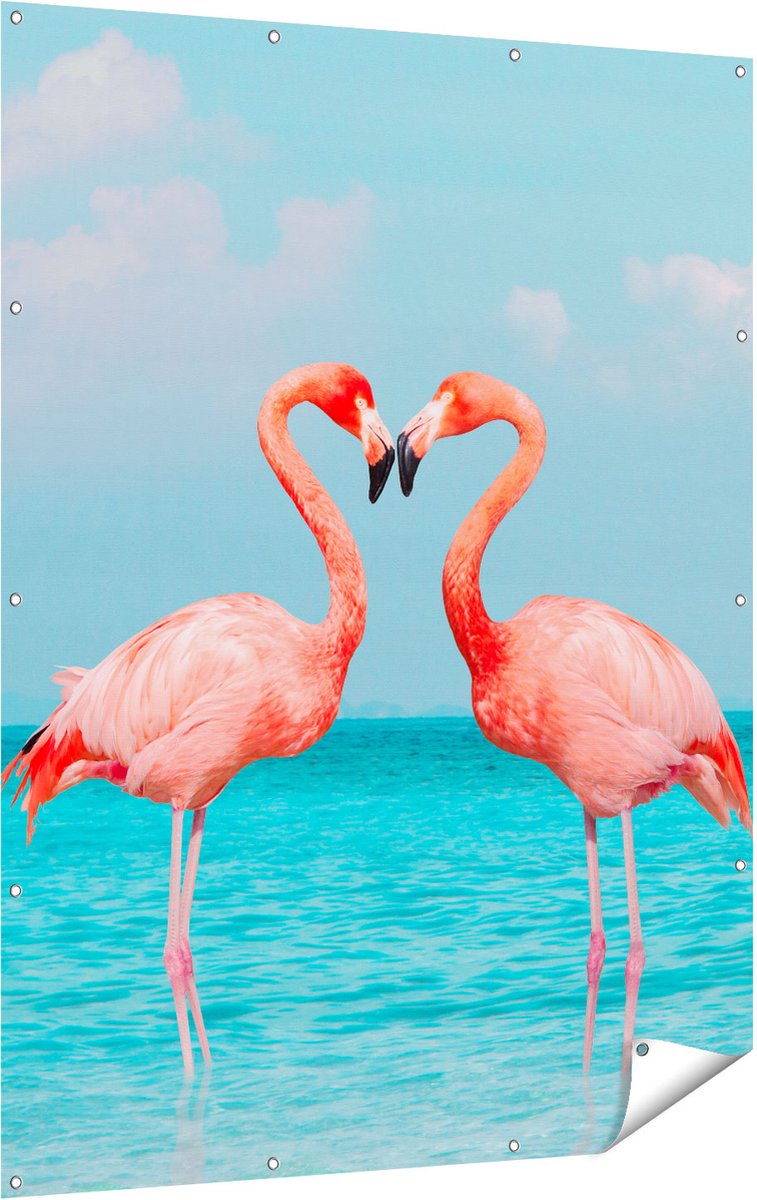 Gards Tuinposter Twee Flamingo's in een Hart Vorm in het Water - 120x160 cm - Tuindoek - Tuindecoratie - Wanddecoratie buiten - Tuinschilderij Multikleur