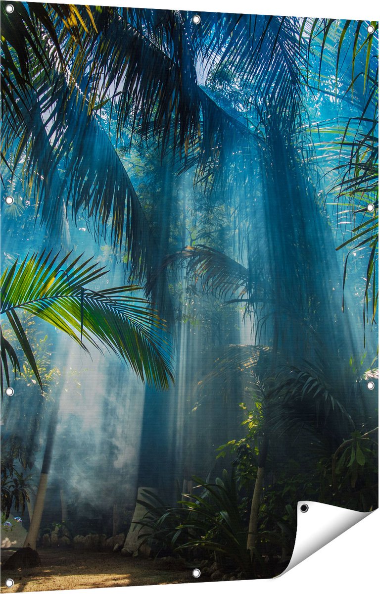 Gards Tuinposter Dichtbegroeide Jungle met Zonnestralen - 90x120 cm - Tuindoek - Tuindecoratie - Wanddecoratie buiten - Tuinschilderij Multikleur