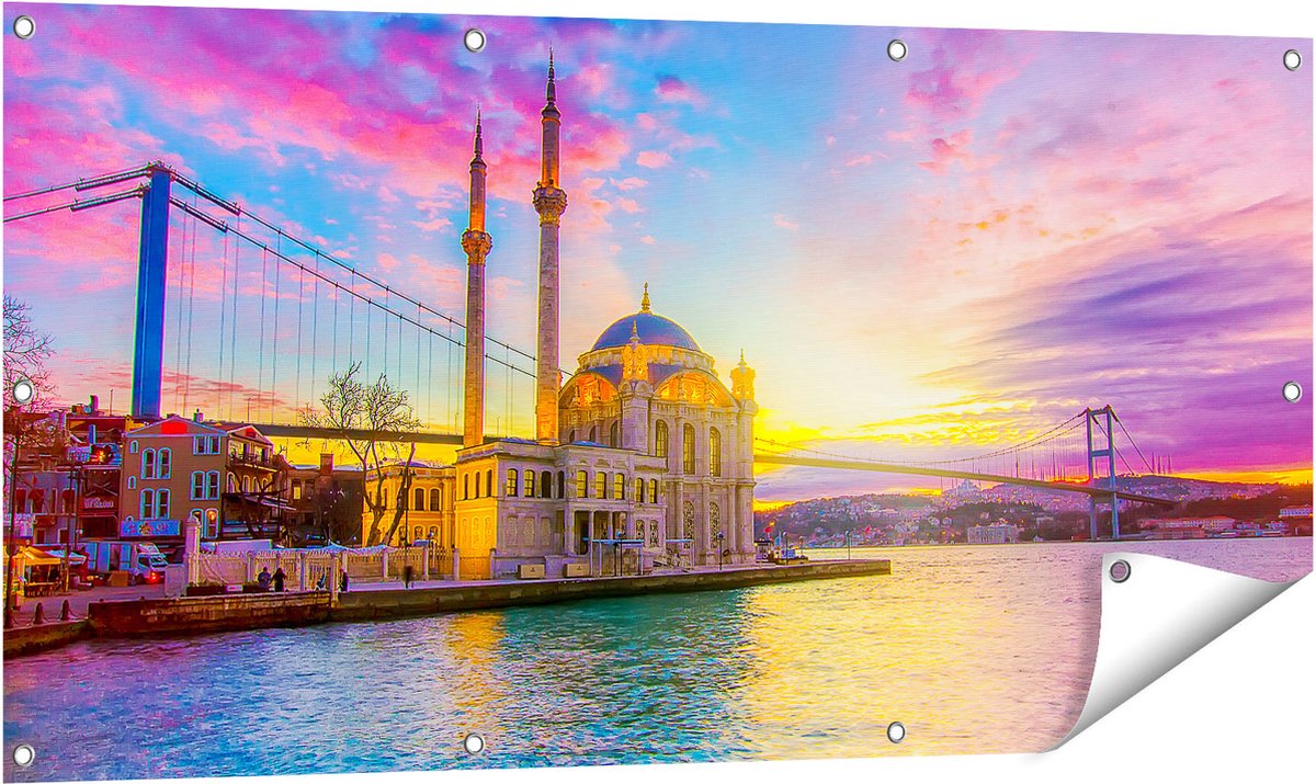 Gards Tuinposter Kleurrijke Ortakoy Moskee in Instanbul - 120x60 cm - Tuindoek - Tuindecoratie - Wanddecoratie buiten - Tuinschilderij Multikleur