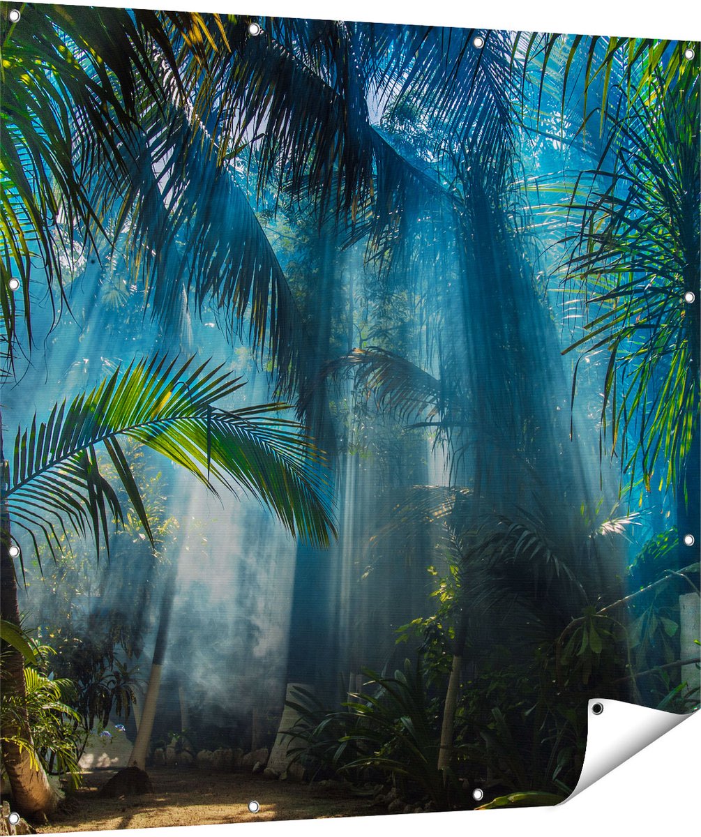 Gards Tuinposter Dichtbegroeide Jungle met Zonnestralen - 120x120 cm - Tuindoek - Tuindecoratie - Wanddecoratie buiten - Tuinschilderij Multikleur