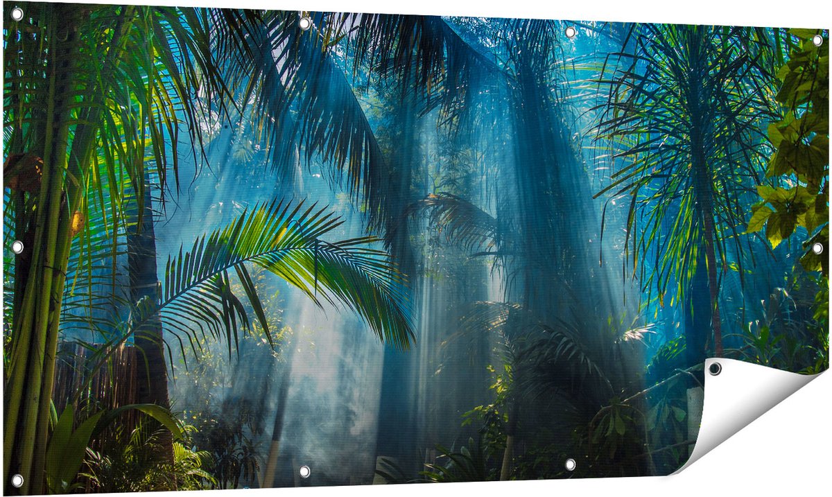 Gards Tuinposter Dichtbegroeide Jungle met Zonnestralen - 140x70 cm - Tuindoek - Tuindecoratie - Wanddecoratie buiten - Tuinschilderij Multikleur