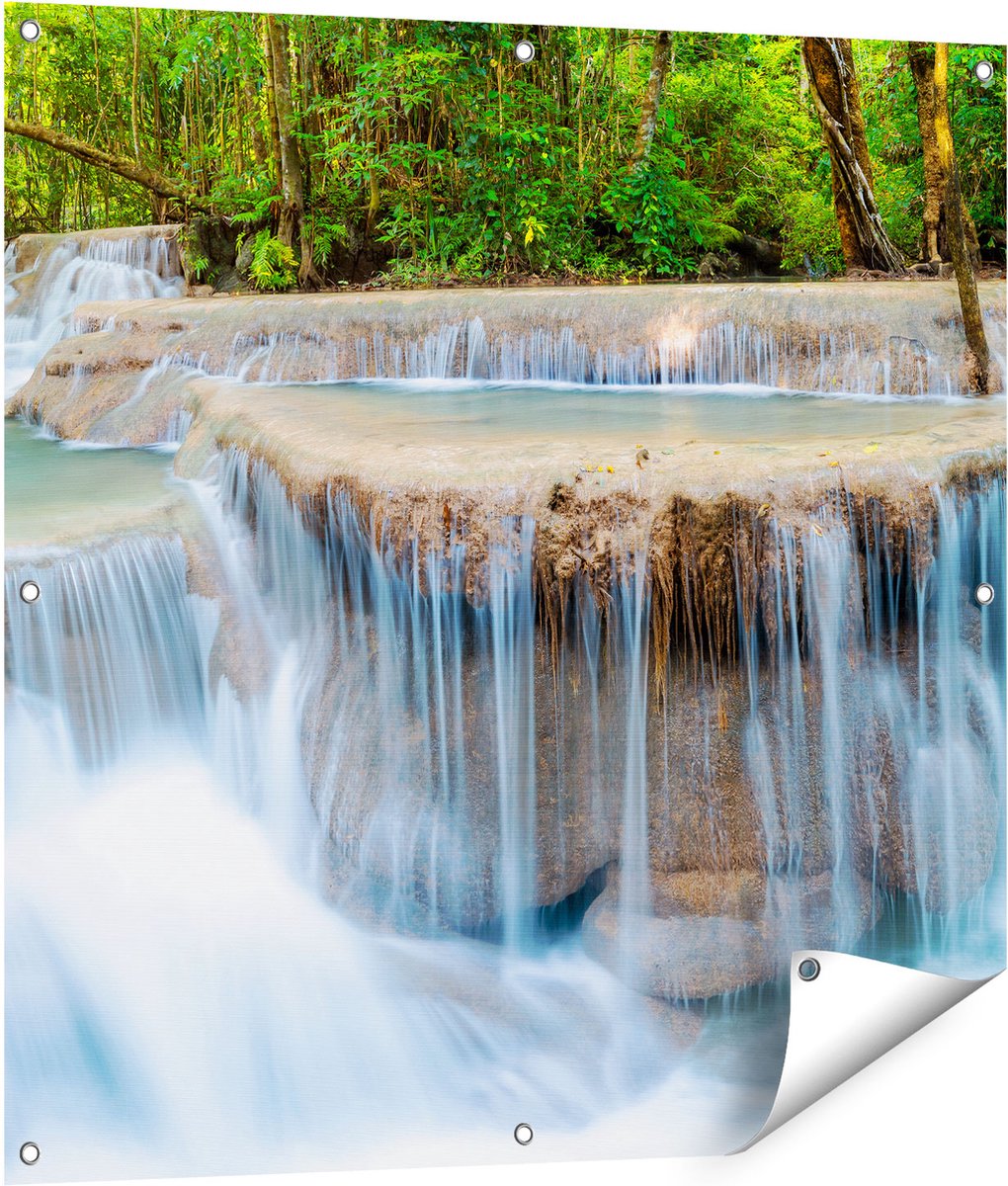 Gards Tuinposter Waterval in het Bos in Thailand - 90x90 cm - Tuindoek - Tuindecoratie - Wanddecoratie buiten - Tuinschilderij Multikleur