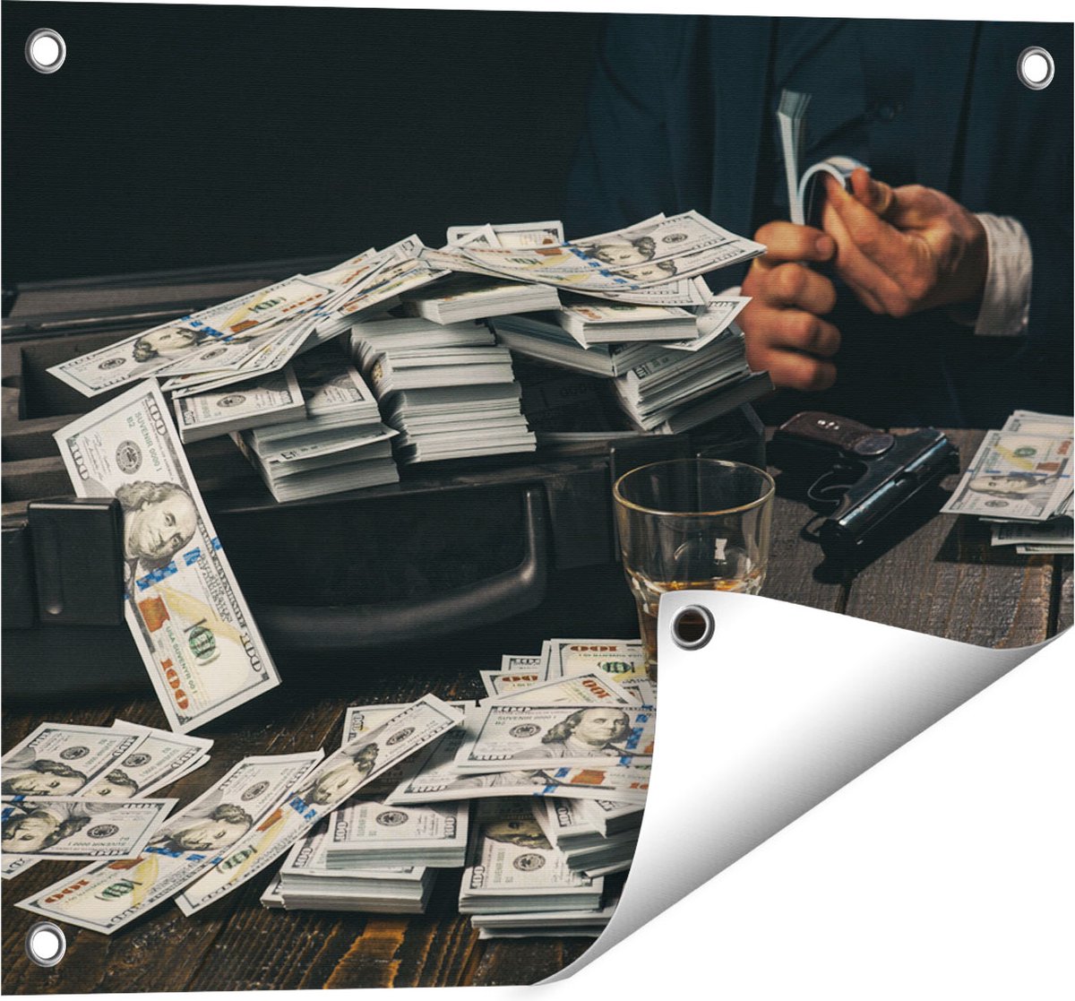 Gards Tuinposter Dollar Geld Briefjes op Tafel van de Maffia - 50x40 cm - Tuindoek - Tuindecoratie - Wanddecoratie buiten - Tuinschilderij Multikleur