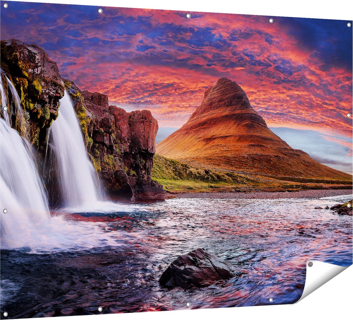 Gards Tuinposter Waterval bij een Berg - 160x120 cm - Tuindoek - Tuindecoratie - Wanddecoratie buiten - Tuinschilderij Multikleur