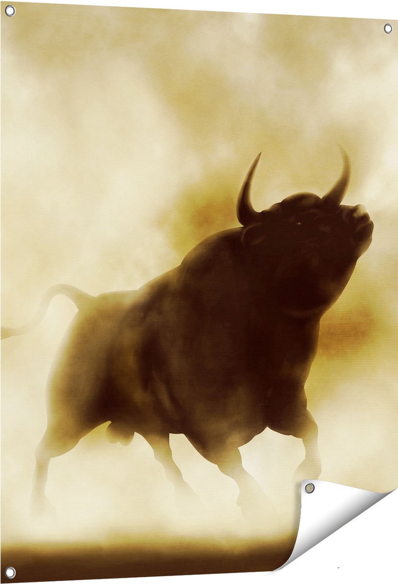 Gards Tuinposter Zwarte Stier in het Stoffige Rook - 80x100 cm - Tuindoek - Tuindecoratie - Wanddecoratie buiten - Tuinschilderij Multikleur