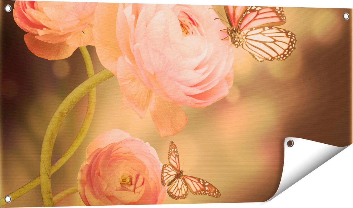 Gards Tuinposter Twee Roze Vlinders bij Roze Rozen - 100x50 cm - Tuindoek - Tuindecoratie - Wanddecoratie buiten - Tuinschilderij Multikleur