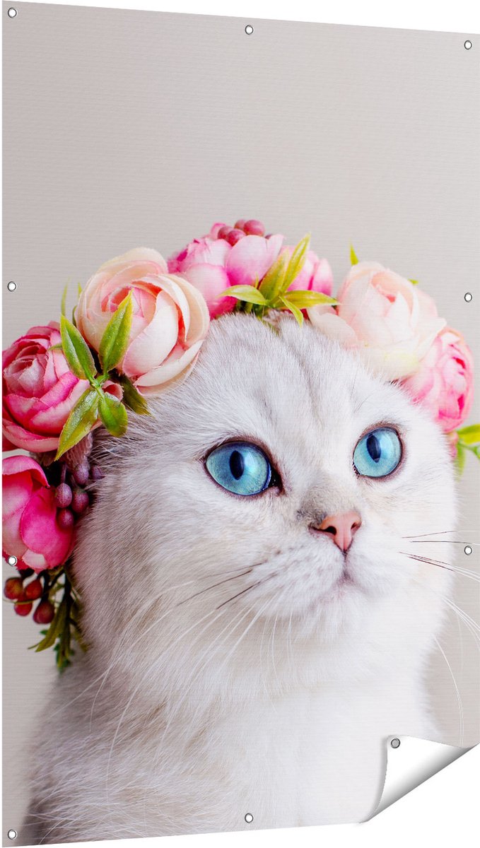Gards Tuinposter Kat met een Bloemen Kroon - 100x150 cm - Tuindoek - Tuindecoratie - Wanddecoratie buiten - Tuinschilderij Multikleur