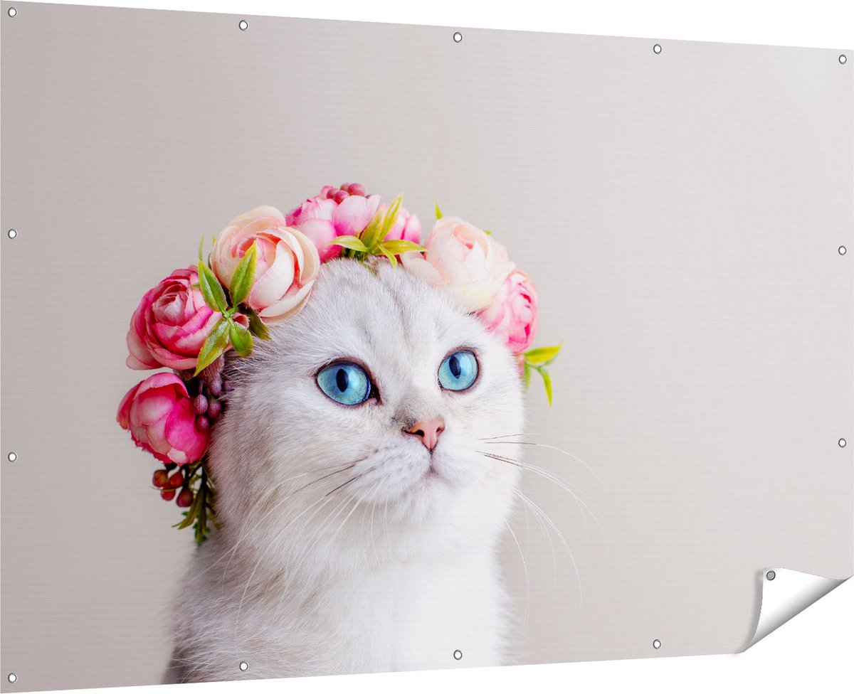 Gards Tuinposter Kat met een Bloemen Kroon - 180x120 cm - Tuindoek - Tuindecoratie - Wanddecoratie buiten - Tuinschilderij Multikleur