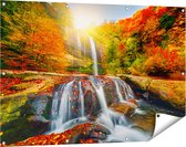 Gards Tuinposter Waterval in de Herfst Kleuren - 120x80 cm - Tuindoek - Tuindecoratie - Wanddecoratie buiten - Tuinschilderij