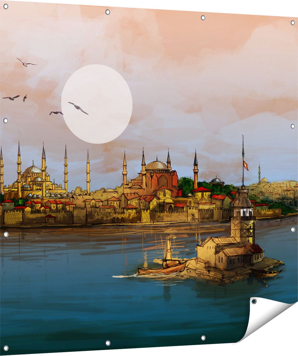 Gards Tuinposter Illustratie van de Maiden's Tower in Istanbul - 120x120 cm - Tuindoek - Tuindecoratie - Wanddecoratie buiten - Tuinschilderij Multikleur