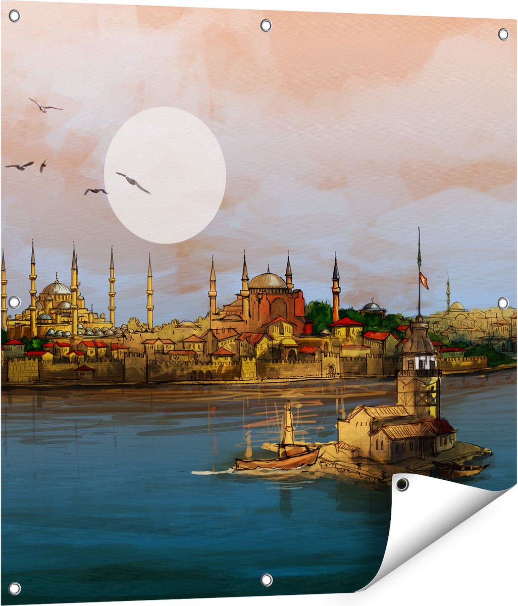 Gards Tuinposter Illustratie van de Maiden's Tower in Istanbul - 80x80 cm - Tuindoek - Tuindecoratie - Wanddecoratie buiten - Tuinschilderij Multikleur
