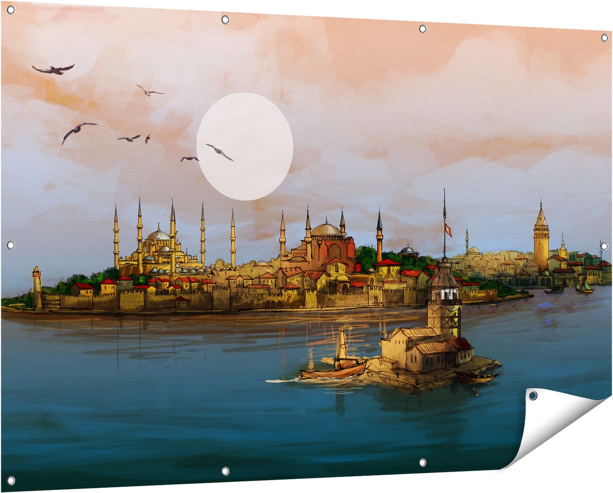Gards Tuinposter Illustratie van de Maiden's Tower in Istanbul - 150x100 cm - Tuindoek - Tuindecoratie - Wanddecoratie buiten - Tuinschilderij Multikleur