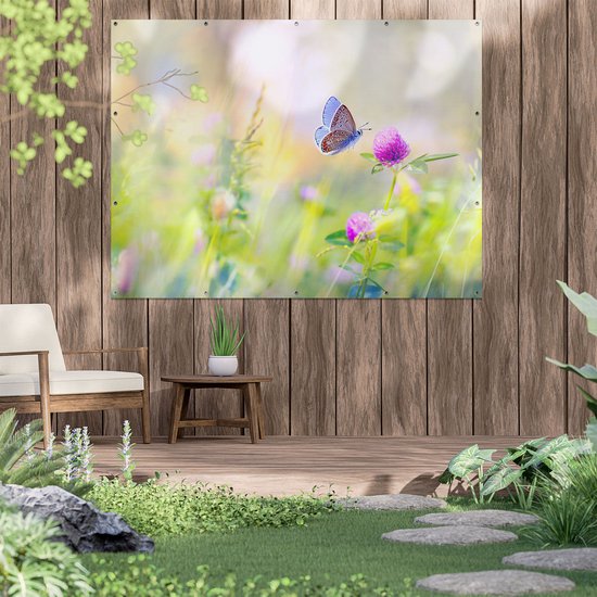 Gards Affiche de jardin Papillon bleu avec une Bloem violette - 160x120 cm - Toile jardin - Décoration de jardin - Décoration murale extérieur - Tableau jardin