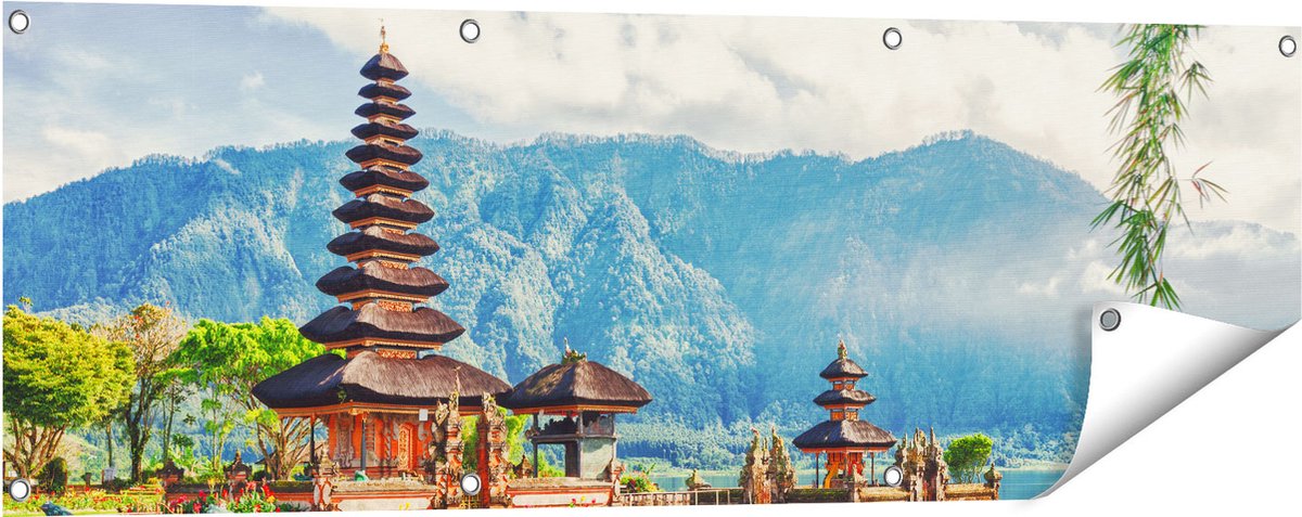 Gards Tuinposter Pura Tempel in Bali op het meer Beratan - 120x40 cm - Tuindoek - Tuindecoratie - Wanddecoratie buiten - Tuinschilderij Multikleur