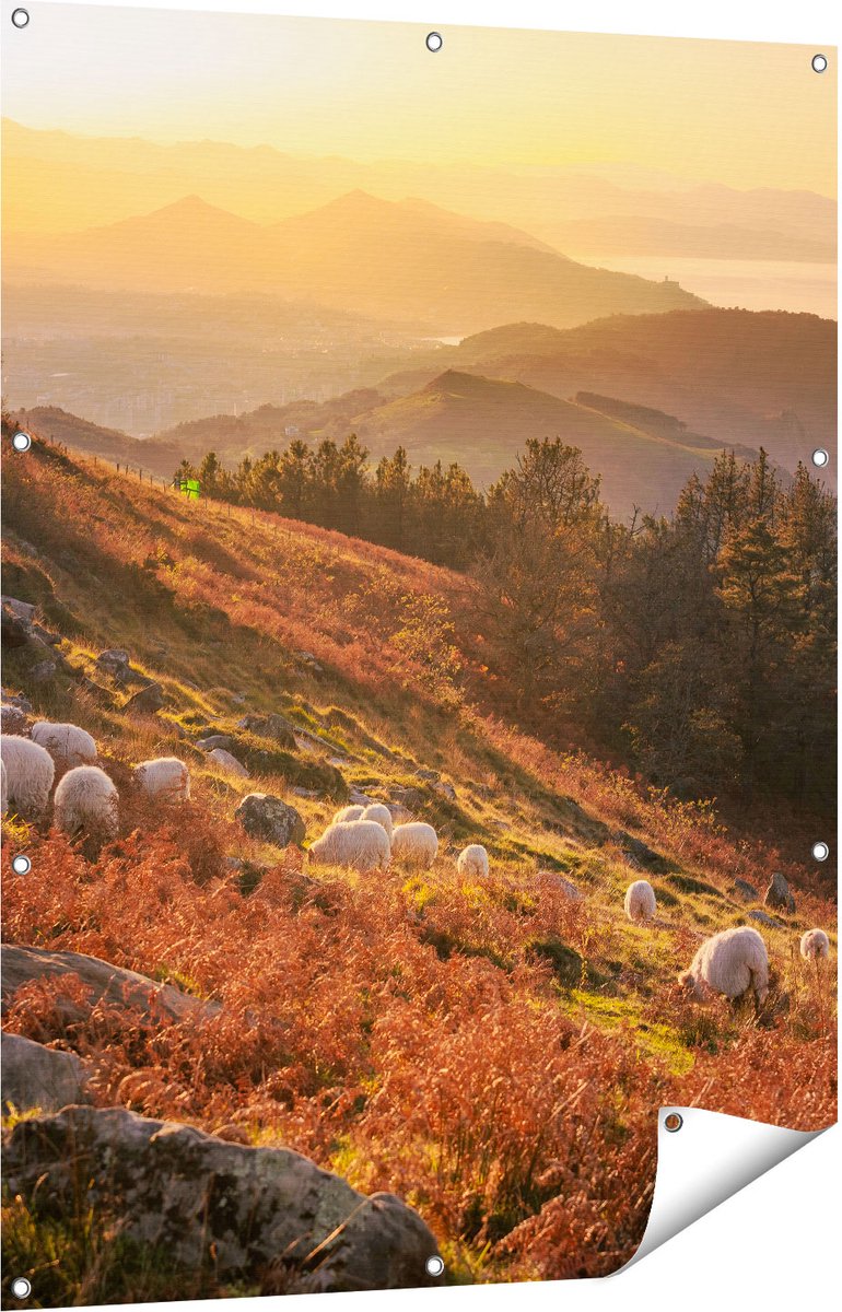 Gards Tuinposter Schapen in de Bergen - 90x120 cm - Tuindoek - Tuindecoratie - Wanddecoratie buiten - Tuinschilderij Multikleur