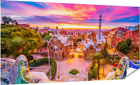 Gards Tuinposter Park G�ell Uitzicht op Barcelona - 200x100 cm - Tuindoek - Tuindecoratie - Wanddecoratie buiten - Tuinschilderij