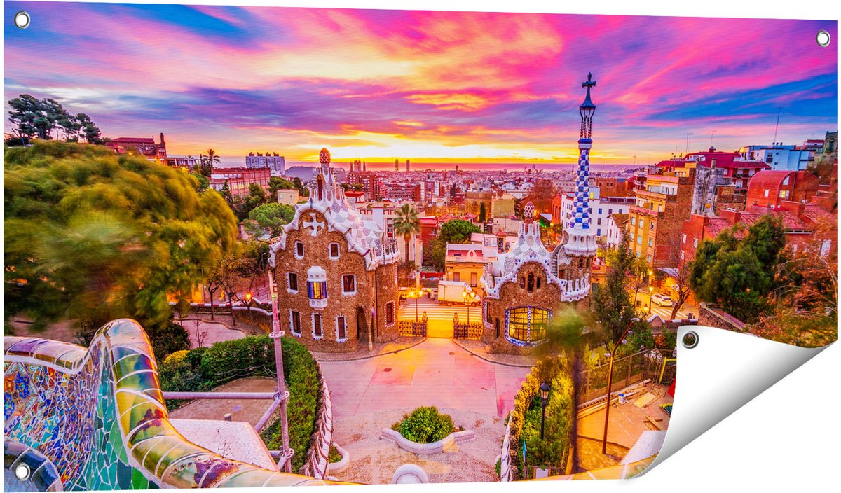 Gards Tuinposter Park G�ell Uitzicht op Barcelona - 100x50 cm - Tuindoek - Tuindecoratie - Wanddecoratie buiten - Tuinschilderij Multikleur