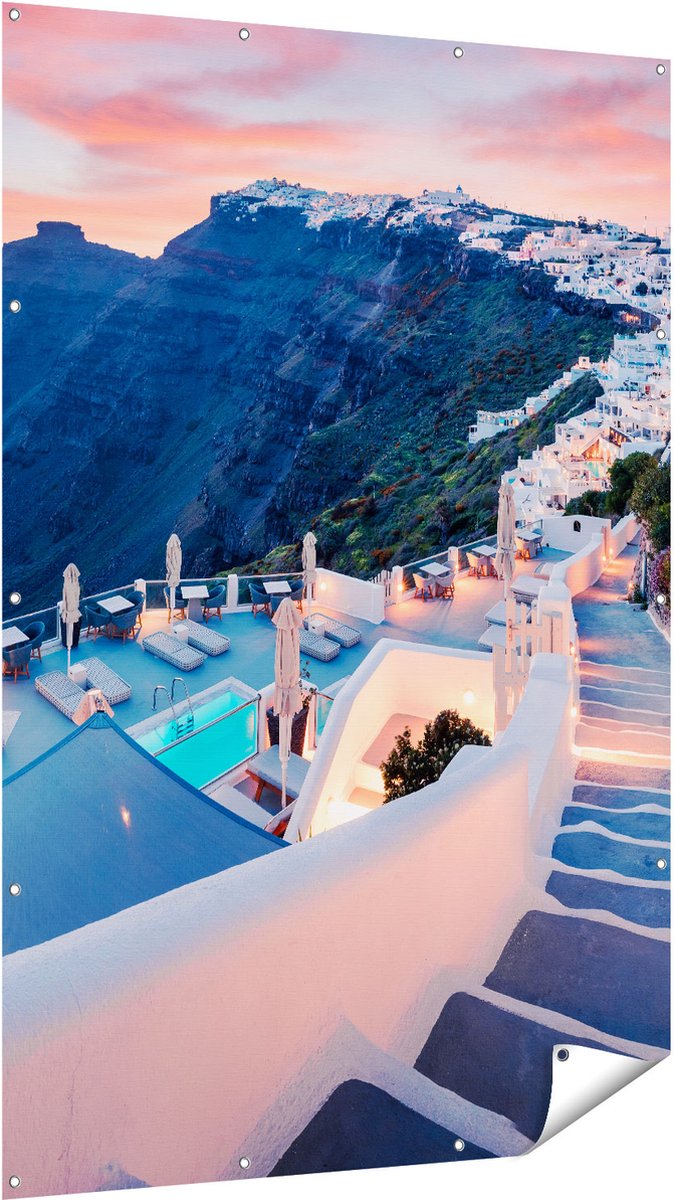Gards Tuinposter Luxe Huisjes aan de Kust in Fira, Griekenland - 120x180 cm - Tuindoek - Tuindecoratie - Wanddecoratie buiten - Tuinschilderij Multikleur
