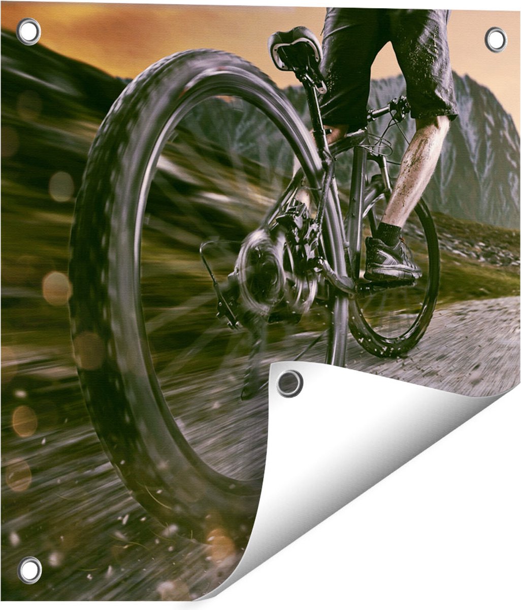 Gards Tuinposter Moutainbike Fietser in de Bergen - 40x40 cm - Tuindoek - Tuindecoratie - Wanddecoratie buiten - Tuinschilderij Multikleur