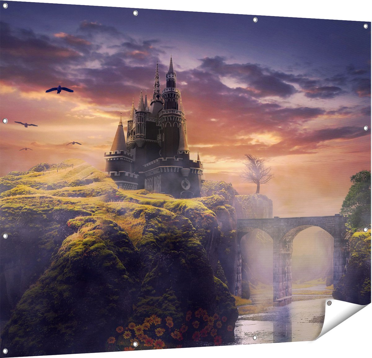 Gards Tuinposter Oud Kasteel op een Heuvel - 150x120 cm - Tuindoek - Tuindecoratie - Wanddecoratie buiten - Tuinschilderij Multikleur