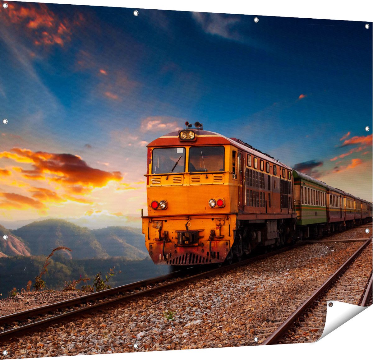 Gards Tuinposter Trein tussen de Bergen in Thailand - 150x120 cm - Tuindoek - Tuindecoratie - Wanddecoratie buiten - Tuinschilderij Multikleur