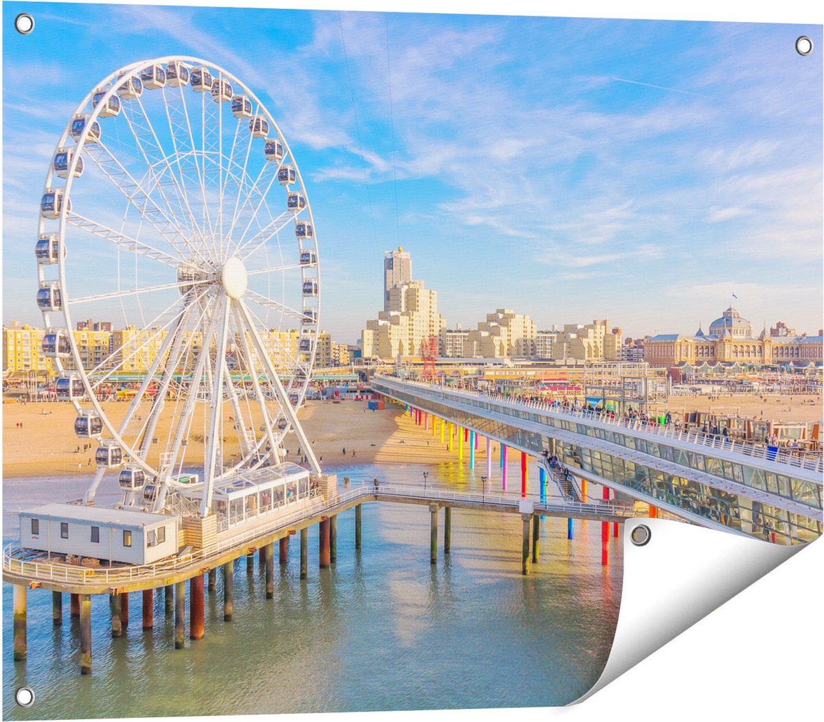 Gards Tuinposter Scheveningen Pier met de Ferris Wheel - Reuzenrad - 80x60 cm - Tuindoek - Tuindecoratie - Wanddecoratie buiten - Tuinschilderij Multikleur