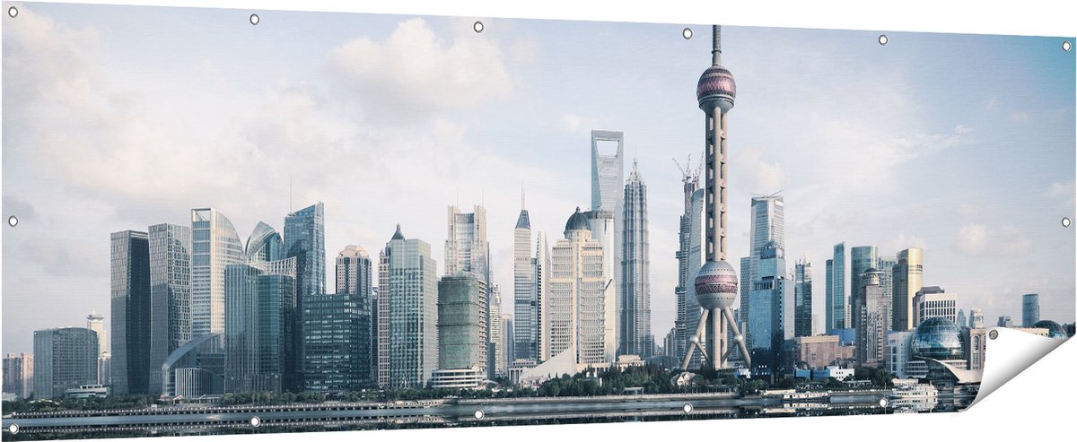 Gards Tuinposter Shanghai Skyline in China - 210x70 cm - Tuindoek - Tuindecoratie - Wanddecoratie buiten - Tuinschilderij Multikleur