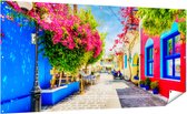 Gards Tuinposter Kleurrijke Straat op het Eiland Kos, Griekenland - 200x100 cm - Tuindoek - Tuindecoratie - Wanddecoratie buiten - Tuinschilderij