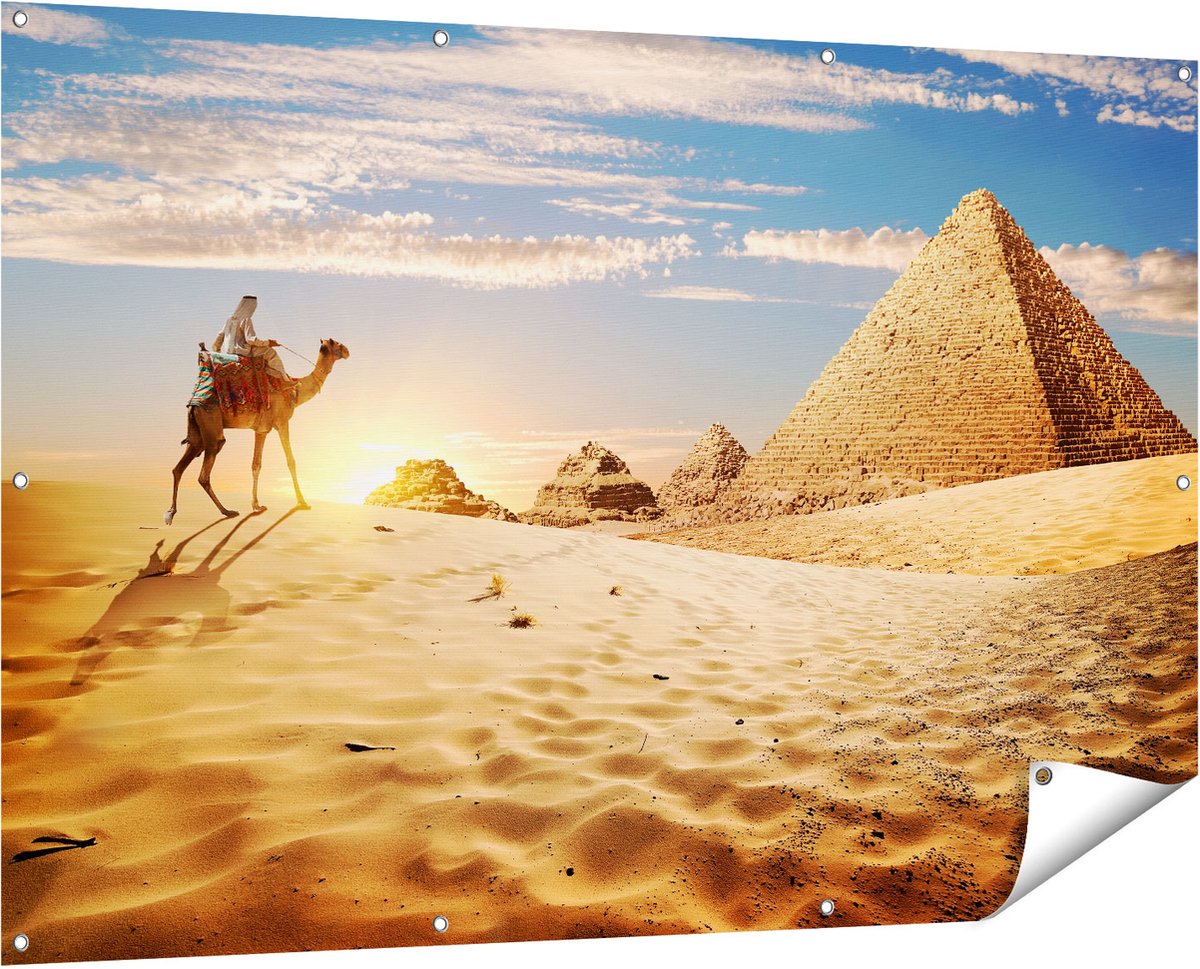Gards Tuinposter Egyptische Piramides met een Kameel - 150x100 cm - Tuindoek - Tuindecoratie - Wanddecoratie buiten - Tuinschilderij Multikleur