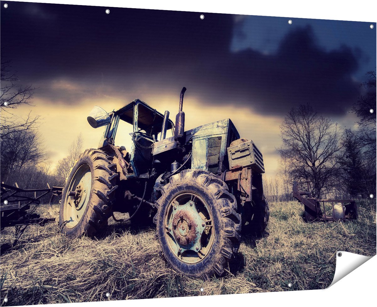 Gards Tuinposter Oude Tractor op het Grasveld - Trekker - 180x120 cm - Tuindoek - Tuindecoratie - Wanddecoratie buiten - Tuinschilderij Multikleur