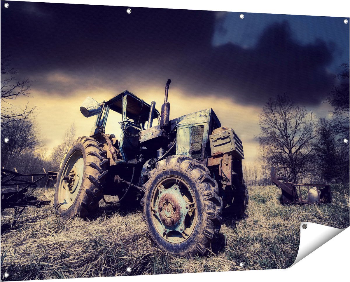 Gards Tuinposter Oude Tractor op het Grasveld - Trekker - 150x100 cm - Tuindoek - Tuindecoratie - Wanddecoratie buiten - Tuinschilderij Multikleur