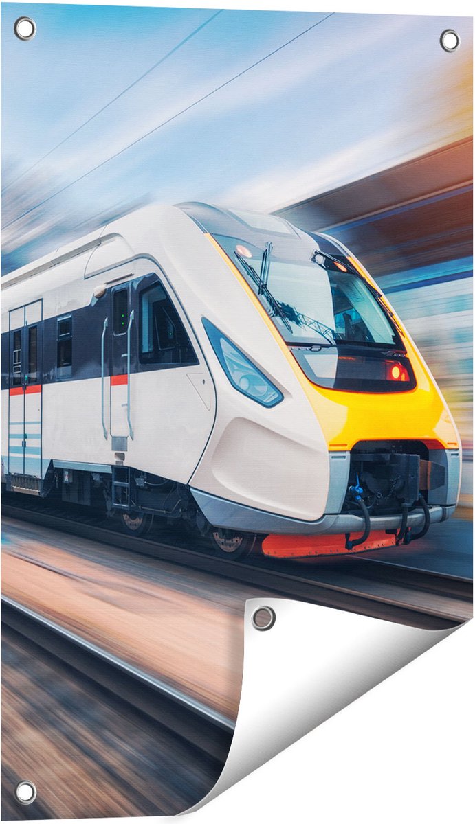 Gards Tuinposter Trein bij het Station - 40x60 cm - Tuindoek - Tuindecoratie - Wanddecoratie buiten - Tuinschilderij Multikleur