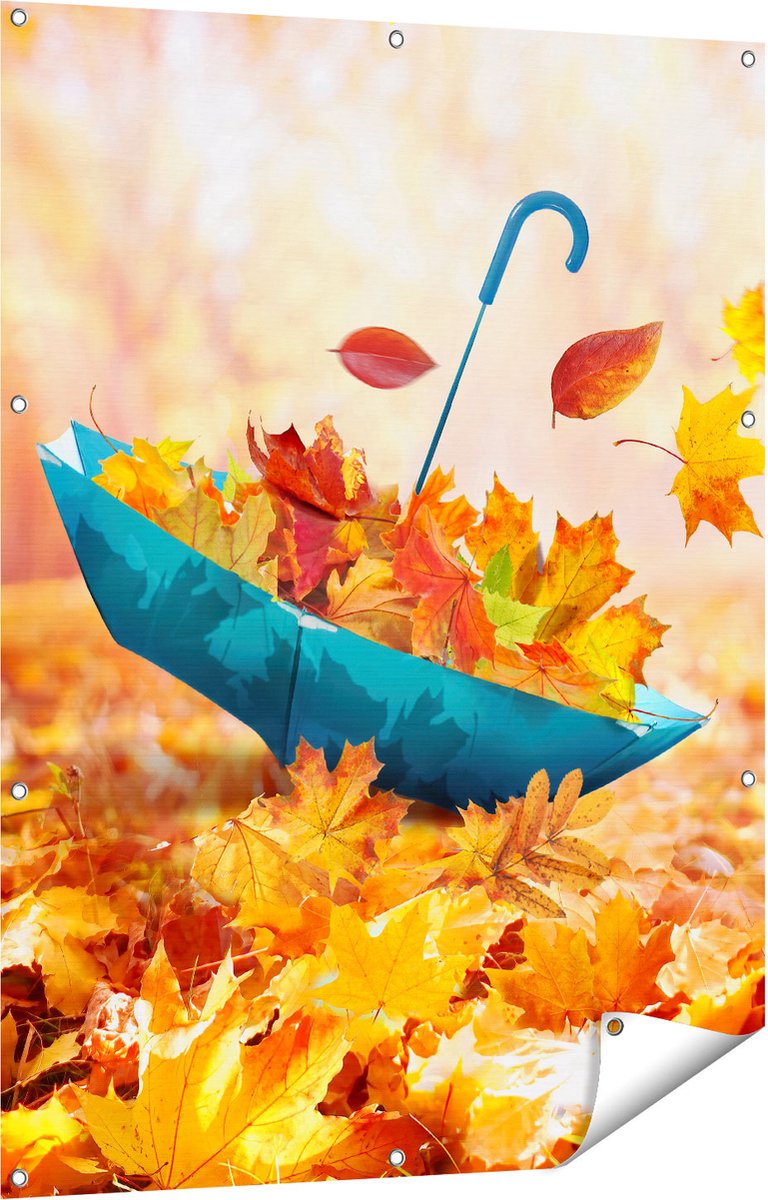 Gards Tuinposter Blauwe Paraplu in de Herfstbos met Bladeren - 90x120 cm - Tuindoek - Tuindecoratie - Wanddecoratie buiten - Tuinschilderij Multikleur