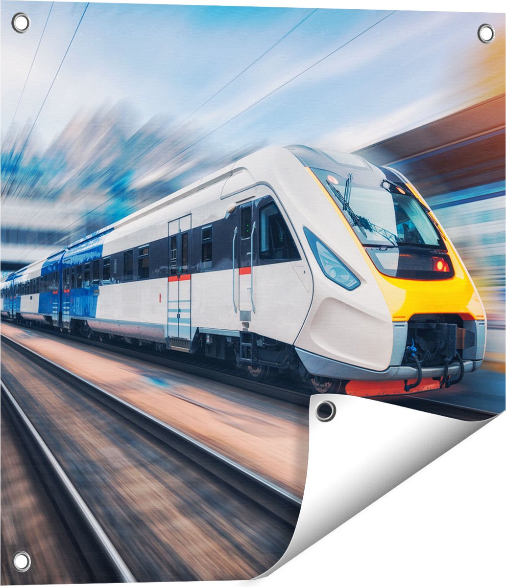 Gards Tuinposter Trein bij het Station - 50x50 cm - Tuindoek - Tuindecoratie - Wanddecoratie buiten - Tuinschilderij Multikleur
