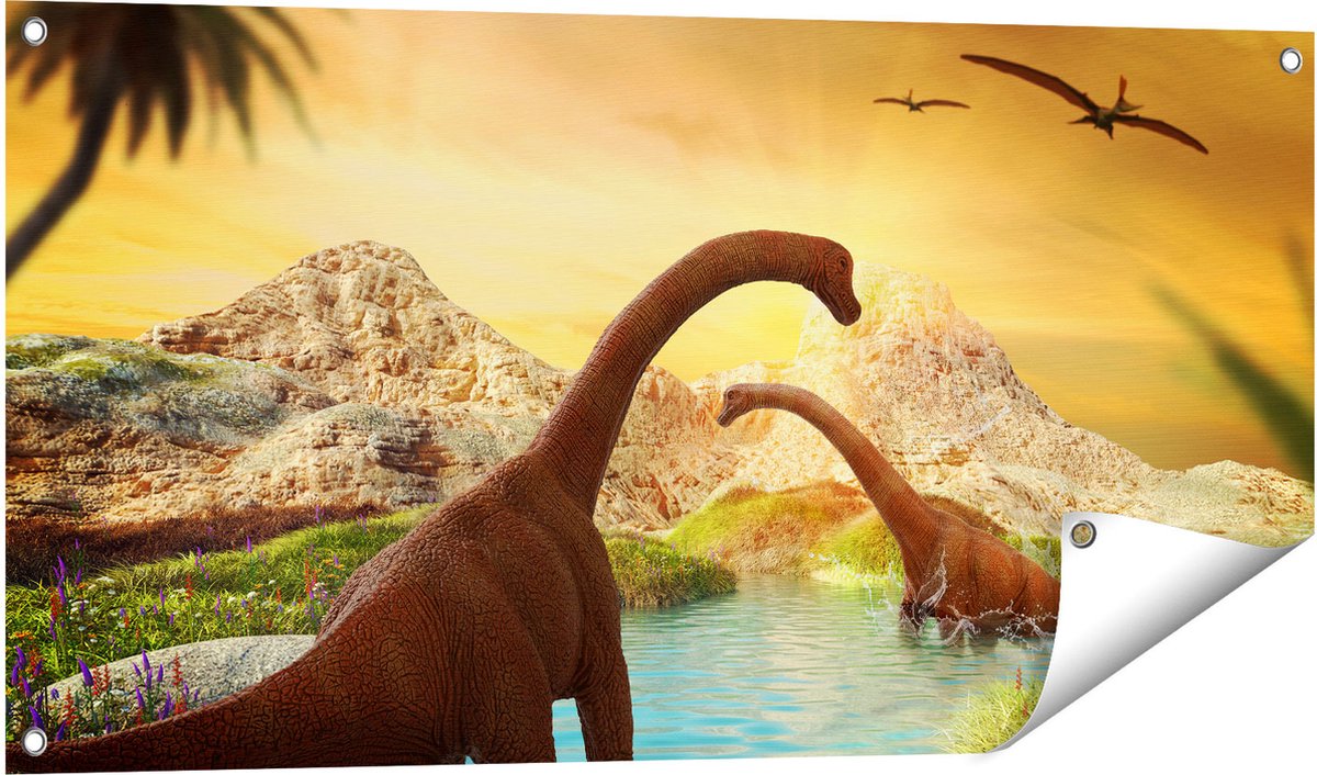 Gards Tuinposter Dinosauri�rs in het Water - Dino's - 100x50 cm - Tuindoek - Tuindecoratie - Wanddecoratie buiten - Tuinschilderij Multikleur