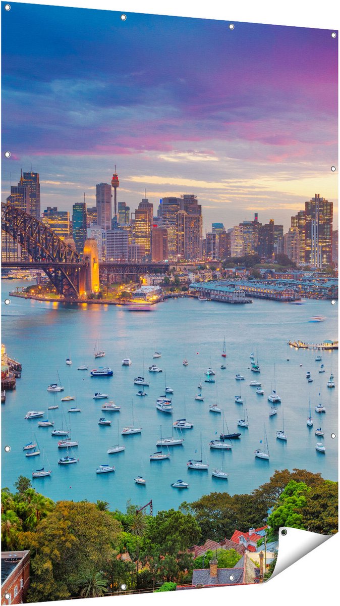 Gards Tuinposter Sydney Harbour Bridge in de Avond - 120x180 cm - Tuindoek - Tuindecoratie - Wanddecoratie buiten - Tuinschilderij Multikleur