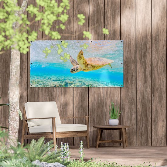 Gards Tuinposter Schildpad Zwemt in de Zee bij het Rif - 120x60 cm - Tuindoek - Tuindecoratie - Wanddecoratie buiten - Tuinschilderij