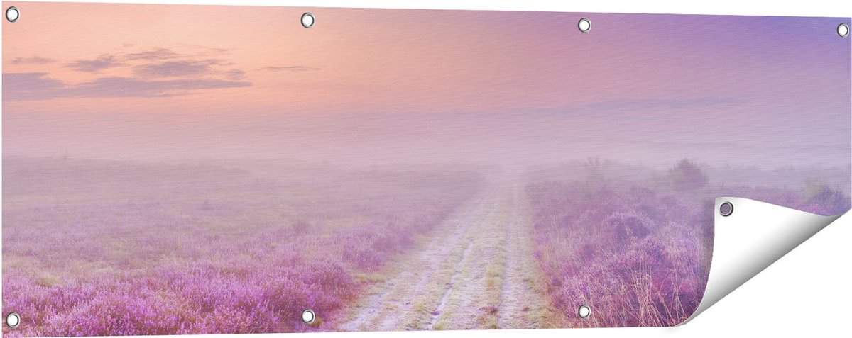 Gards Tuinposter Pad in de Weide tijdens de Mist - 120x40 cm - Tuindoek - Tuindecoratie - Wanddecoratie buiten - Tuinschilderij Multikleur