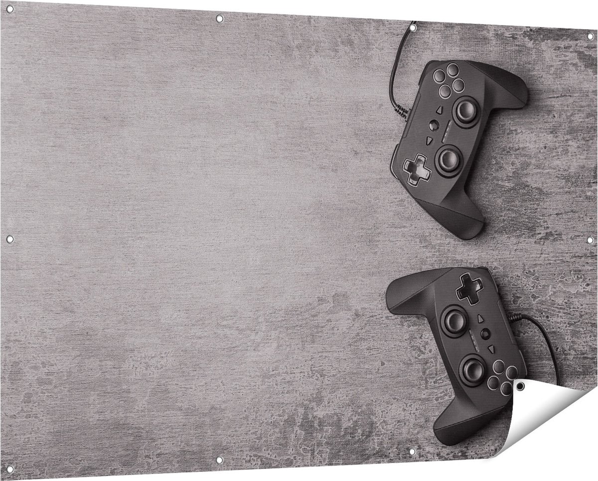 Gards Tuinposter Twee Game Controllers op Tafel - Gaming - 150x100 cm - Tuindoek - Tuindecoratie - Wanddecoratie buiten - Tuinschilderij Multikleur