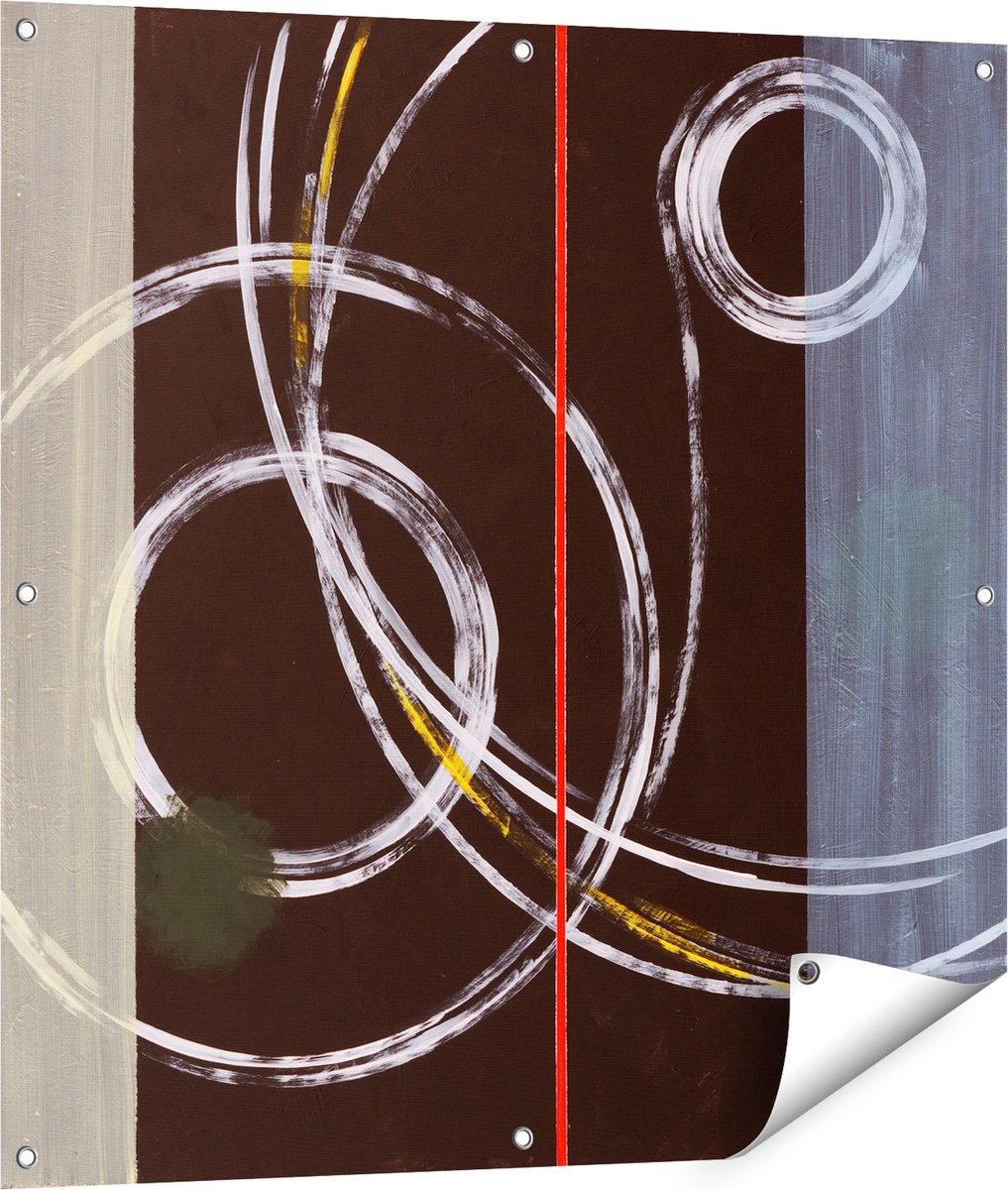 Gards Tuinposter Abstracte Cirkels met een Rode Lijn - 90x90 cm - Tuindoek - Tuindecoratie - Wanddecoratie buiten - Tuinschilderij Multikleur