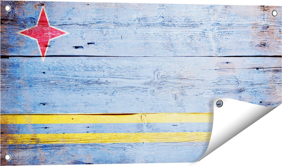 Gards Tuinposter Aruba Vlag op Hout - 80x40 cm - Tuindoek - Tuindecoratie - Wanddecoratie buiten - Tuinschilderij Multikleur