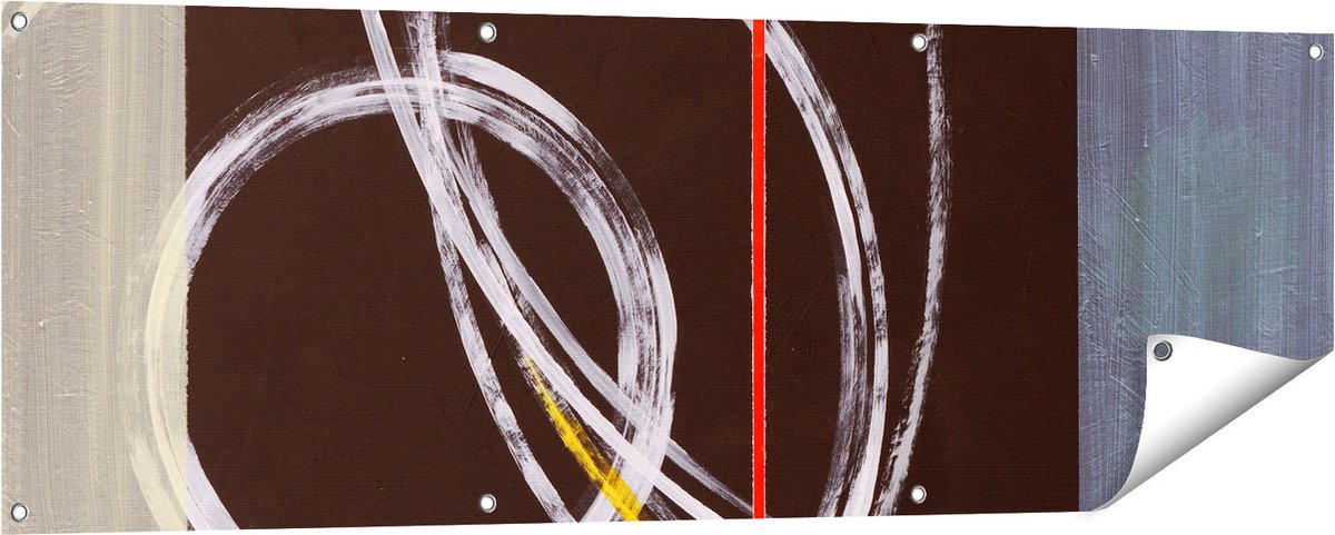 Gards Tuinposter Abstracte Cirkels met een Rode Lijn - 150x50 cm - Tuindoek - Tuindecoratie - Wanddecoratie buiten - Tuinschilderij Multikleur