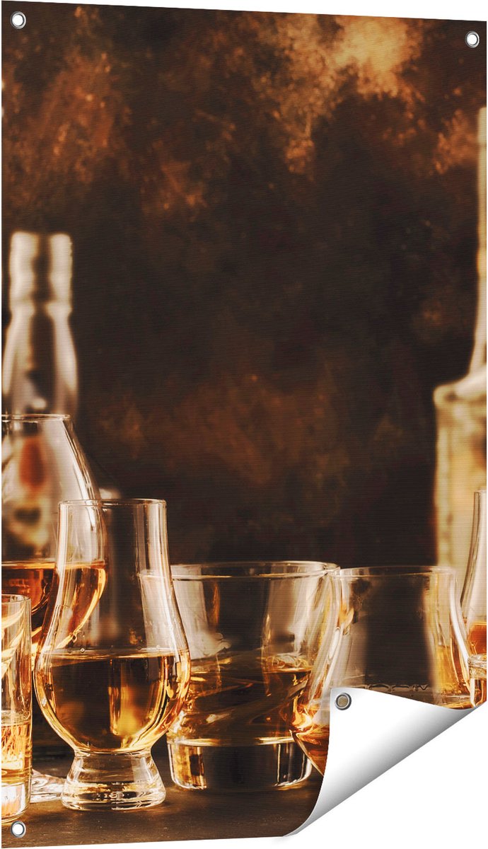 Gards Tuinposter Glazen met Sterke Drank - Flessen - 60x90 cm - Tuindoek - Tuindecoratie - Wanddecoratie buiten - Tuinschilderij Multikleur