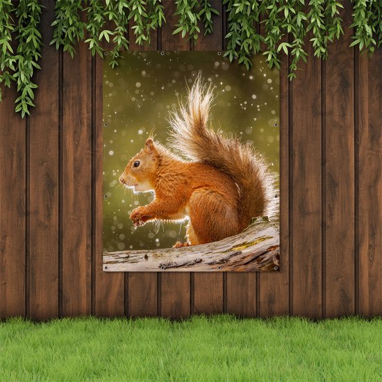 Gards Affiche de jardin Ecureuil sous la pluie - 120x150 cm - Toile de jardin - Décoration de jardin - Décoration murale extérieure - Tableau de jardin