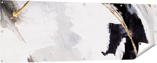 Gards Tuinposter Abstracte Kunst - Wit met Zwart en Goud - 180x60 cm - Tuindoek - Tuindecoratie - Wanddecoratie buiten - Tuinschilderij