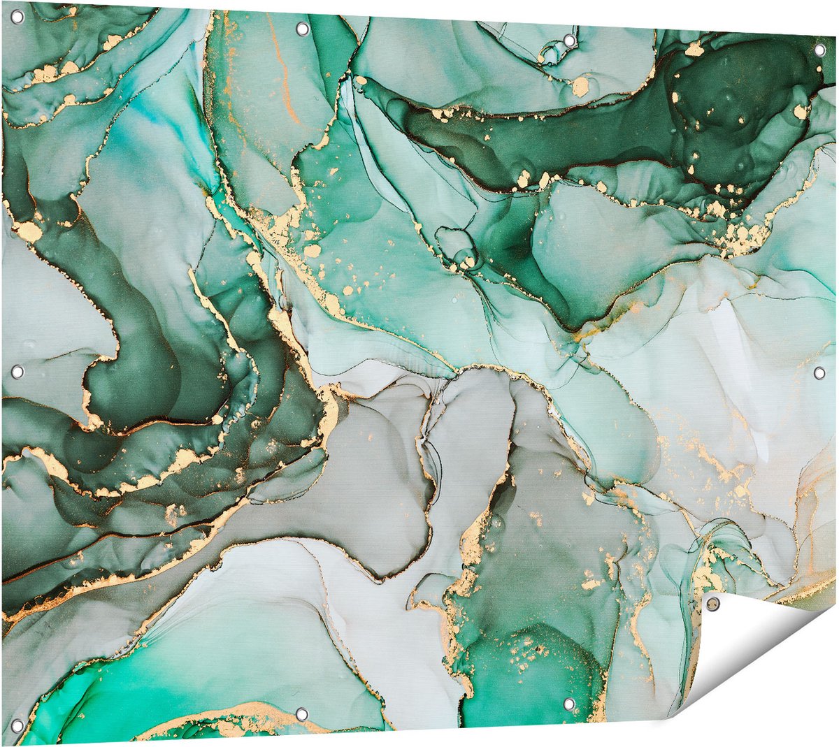 Gards Tuinposter Abstracte Kunst - Blauwe Marmer met Goud - 120x90 cm - Tuindoek - Tuindecoratie - Wanddecoratie buiten - Tuinschilderij Multikleur